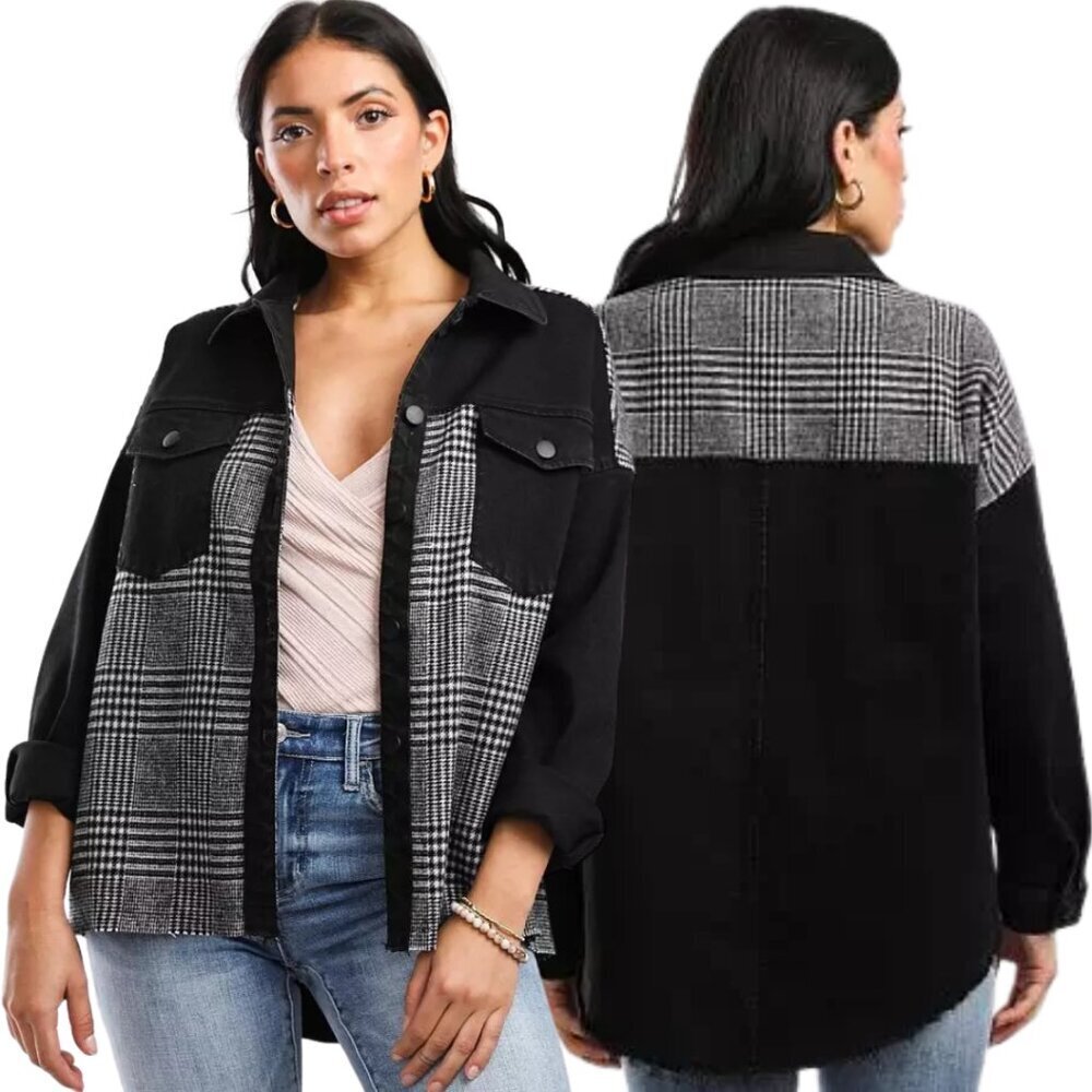 BKE Pieced Flannel Denim Stretch Jacket Womens Small Black Gray Wool Houndstooth